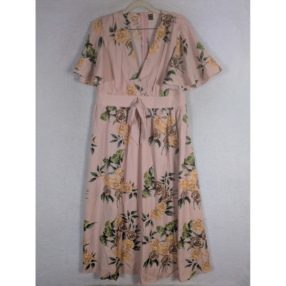 SHEIN Maxi Dress Women's L Pink Floral V-Neck Flutter Sleeve Tie Waist Zip Back